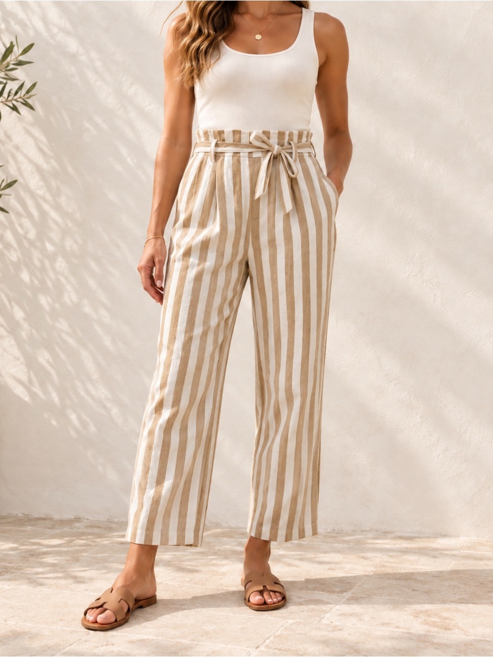 J.Crew Linen Blend Paperbag Pants Size 6 Khaki Stripe Belted Wide Leg